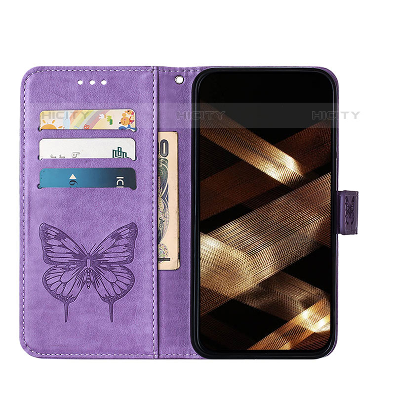 Funda de Cuero Cartera con Soporte Mariposa Carcasa L10 para Apple iPhone 15 Pro Purpura Claro