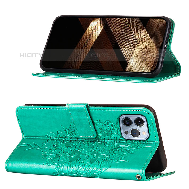 Funda de Cuero Cartera con Soporte Mariposa Carcasa L10 para Apple iPhone 15 Pro Verde