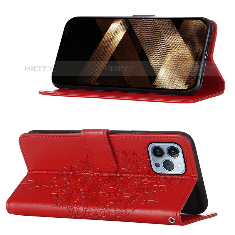 Funda de Cuero Cartera con Soporte Mariposa Carcasa L10 para Apple iPhone 16 Pro Max Rojo