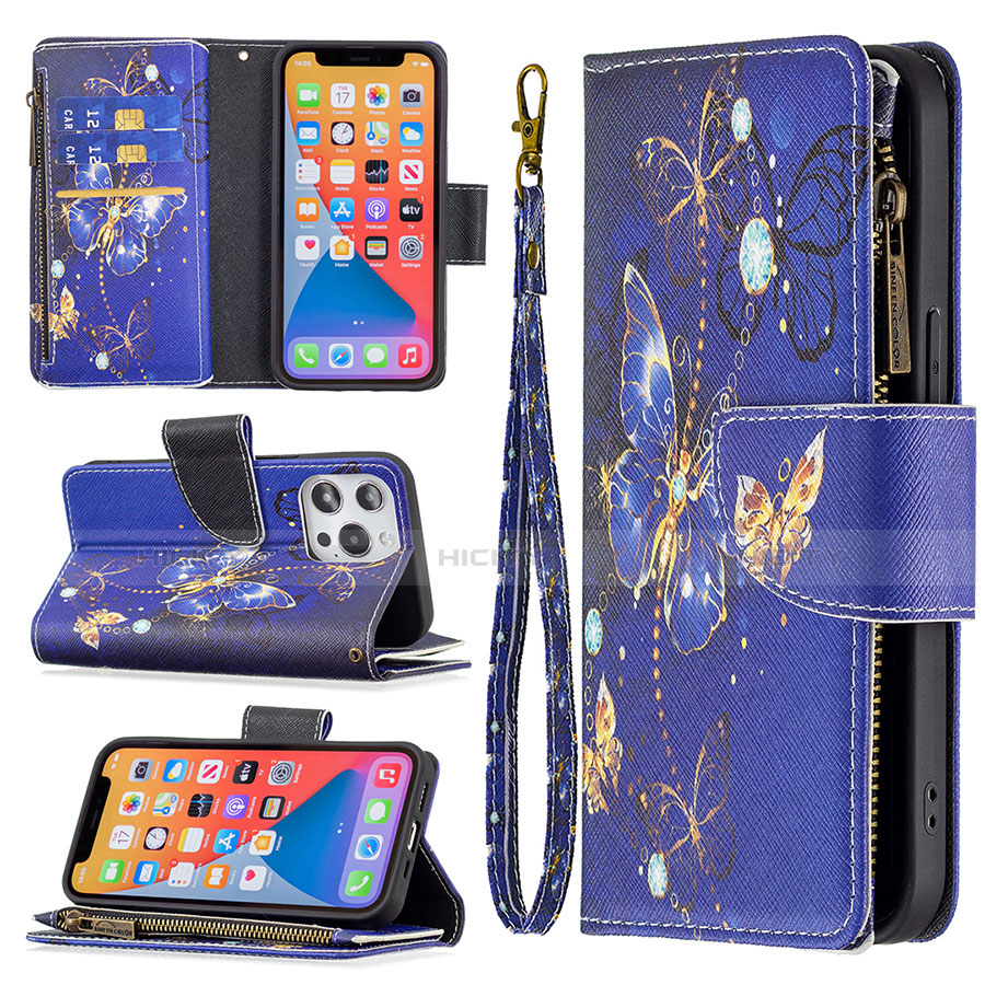 Funda de Cuero Cartera con Soporte Mariposa Carcasa para Apple iPhone 13 Pro Azul Real