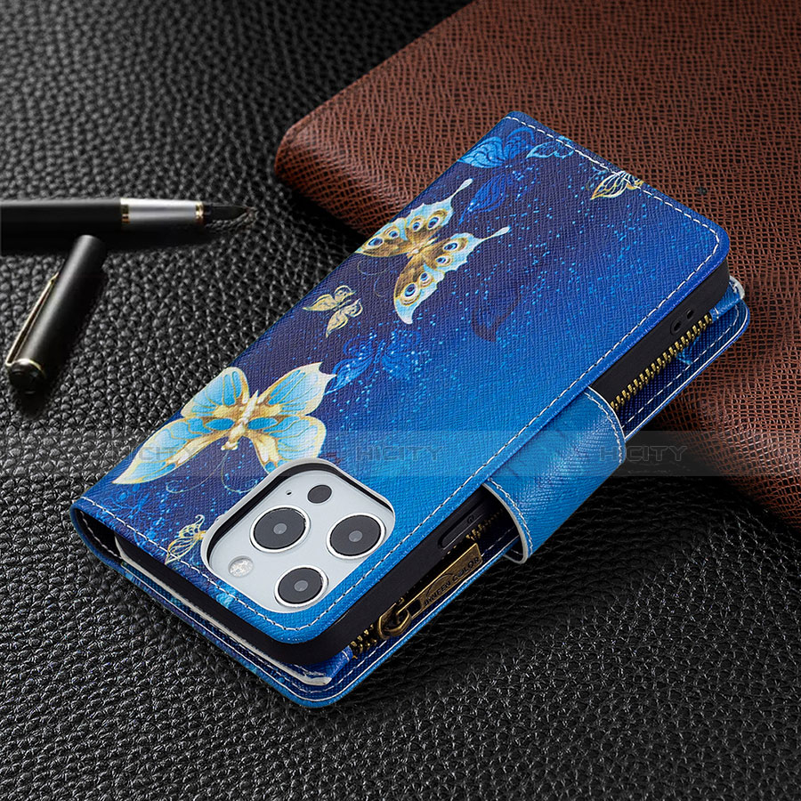 Funda de Cuero Cartera con Soporte Mariposa Carcasa para Apple iPhone 13 Pro Max Azul