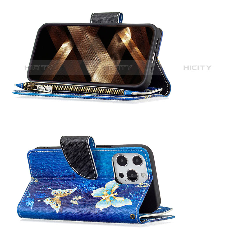 Funda de Cuero Cartera con Soporte Mariposa Carcasa para Apple iPhone 15 Pro Azul