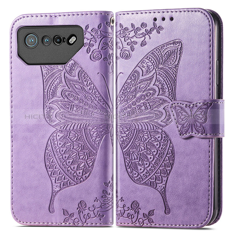 Funda de Cuero Cartera con Soporte Mariposa Carcasa para Asus ROG Phone 7 Ultimate Purpura Claro