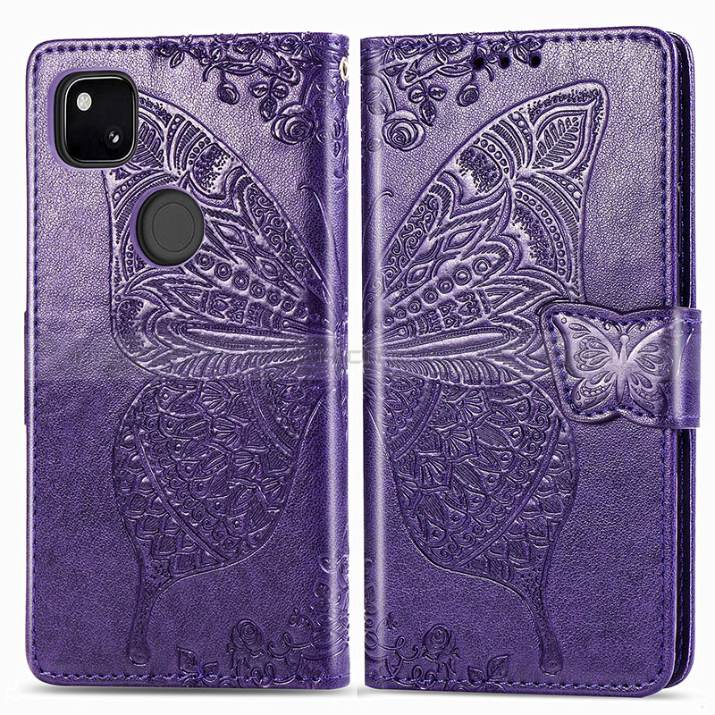 Funda de Cuero Cartera con Soporte Mariposa Carcasa para Google Pixel 4a Morado