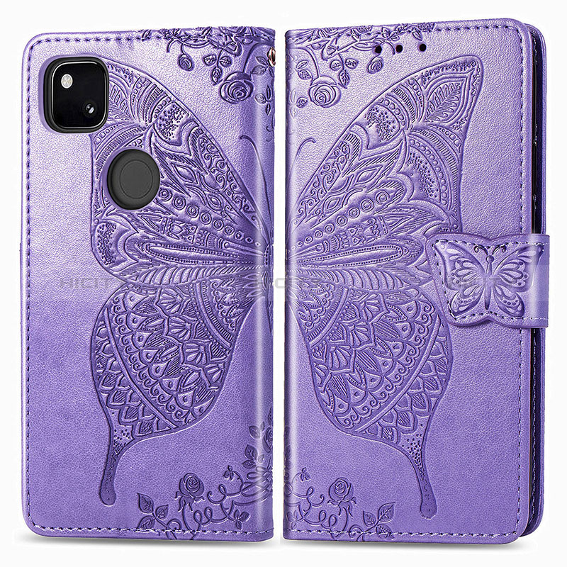 Funda de Cuero Cartera con Soporte Mariposa Carcasa para Google Pixel 4a Purpura Claro