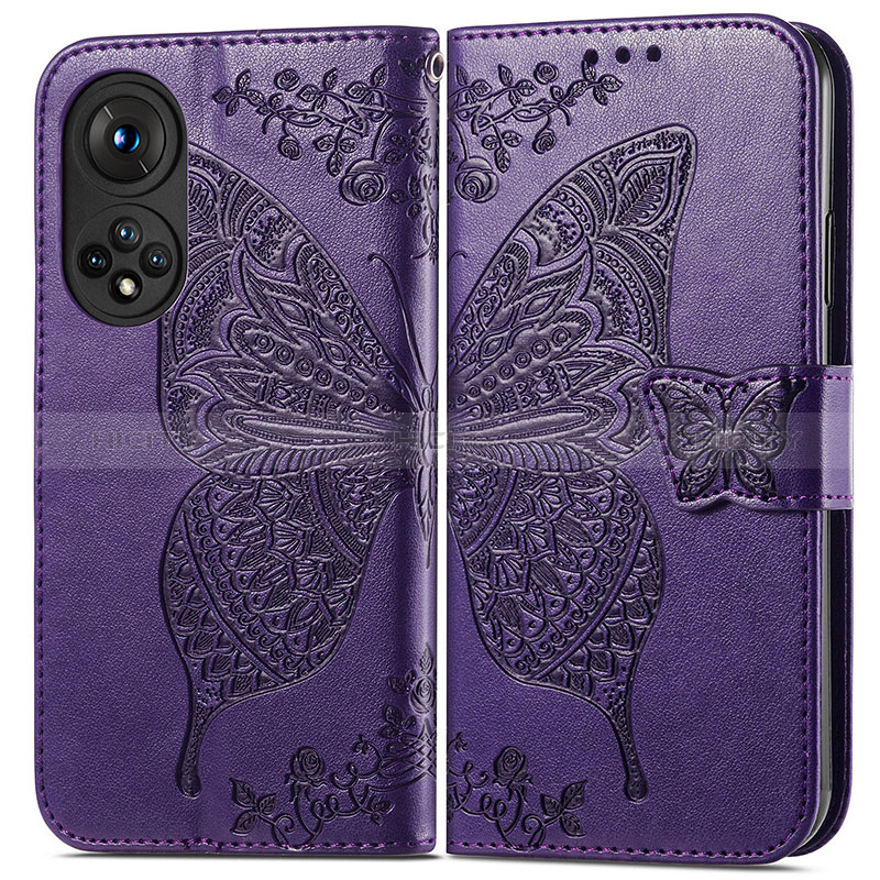 Funda de Cuero Cartera con Soporte Mariposa Carcasa para Huawei Honor 50 5G Morado