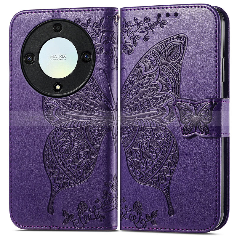 Funda de Cuero Cartera con Soporte Mariposa Carcasa para Huawei Honor Magic5 Lite 5G Morado