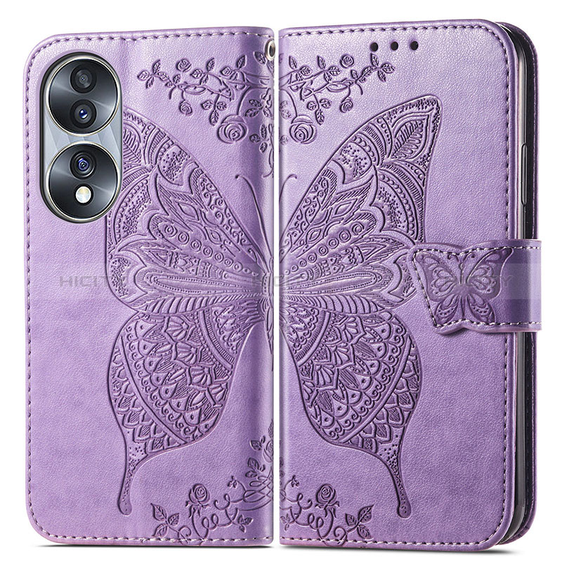 Funda de Cuero Cartera con Soporte Mariposa Carcasa para Huawei Honor X7b Purpura Claro