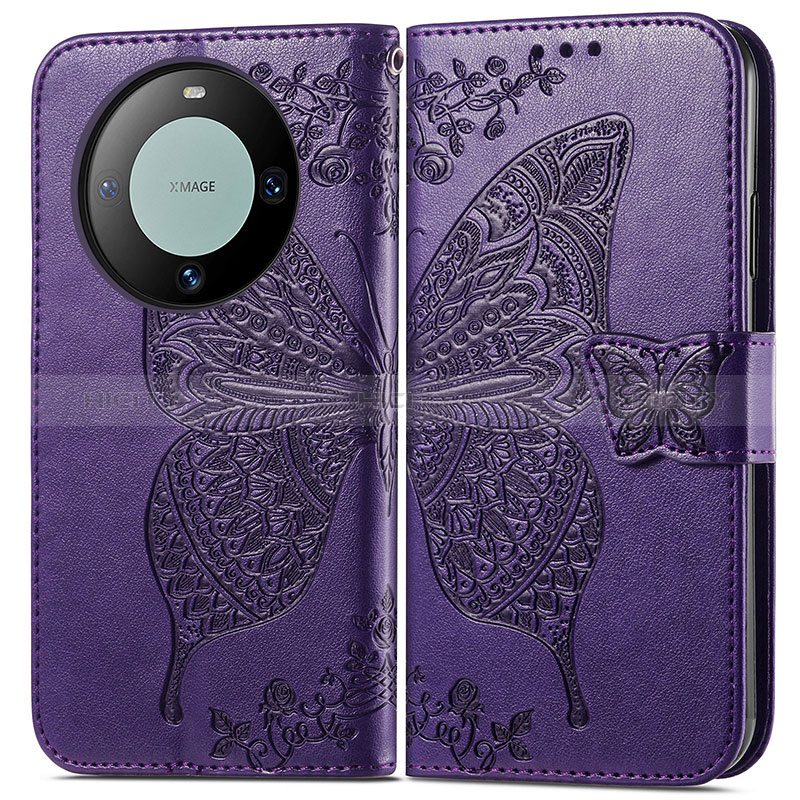 Funda de Cuero Cartera con Soporte Mariposa Carcasa para Huawei Mate 60 Pro Morado