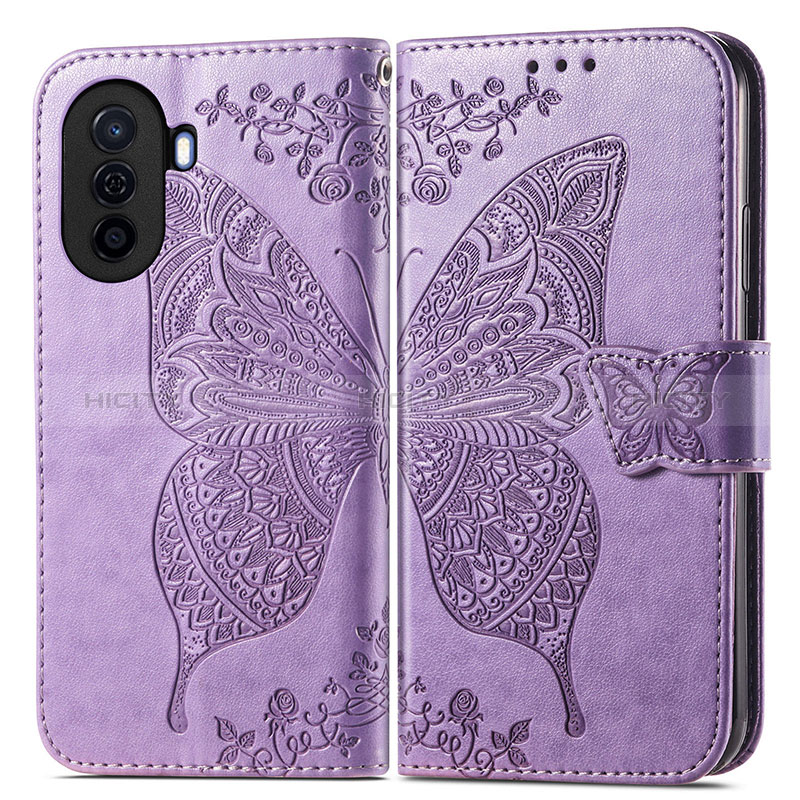 Funda de Cuero Cartera con Soporte Mariposa Carcasa para Huawei Nova Y70 Plus Purpura Claro