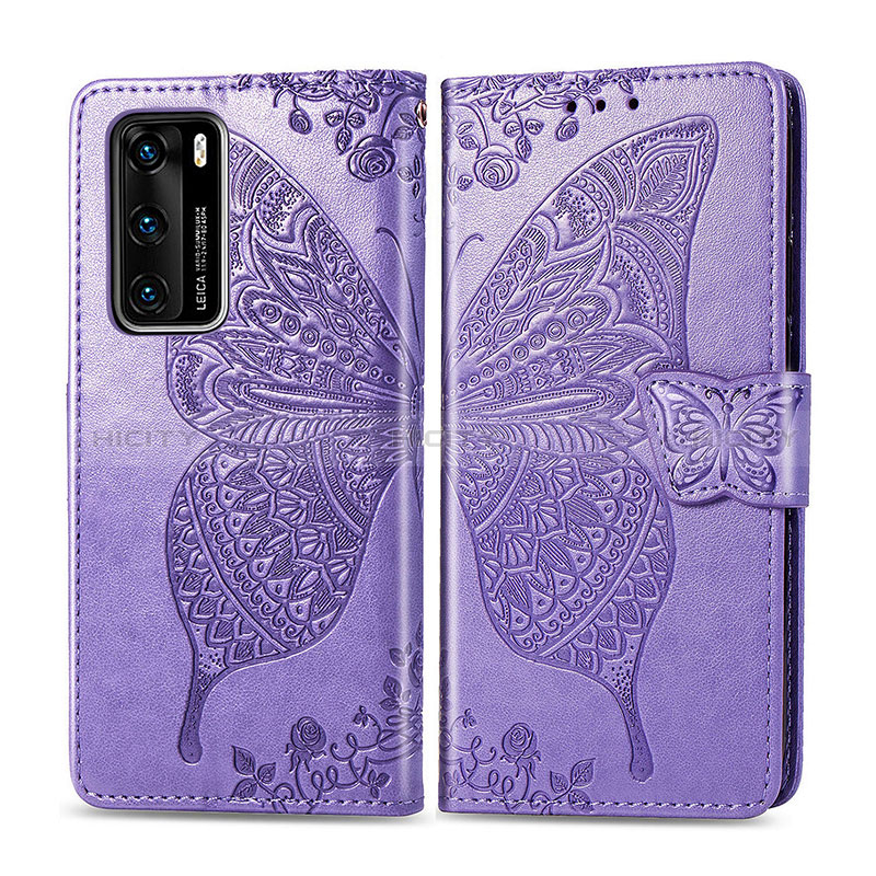 Funda de Cuero Cartera con Soporte Mariposa Carcasa para Huawei P40 Purpura Claro