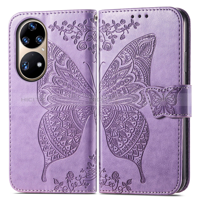 Funda de Cuero Cartera con Soporte Mariposa Carcasa para Huawei P50 Pro Purpura Claro