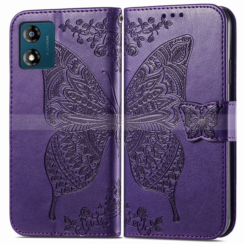 Funda de Cuero Cartera con Soporte Mariposa Carcasa para Motorola Moto E13 Morado