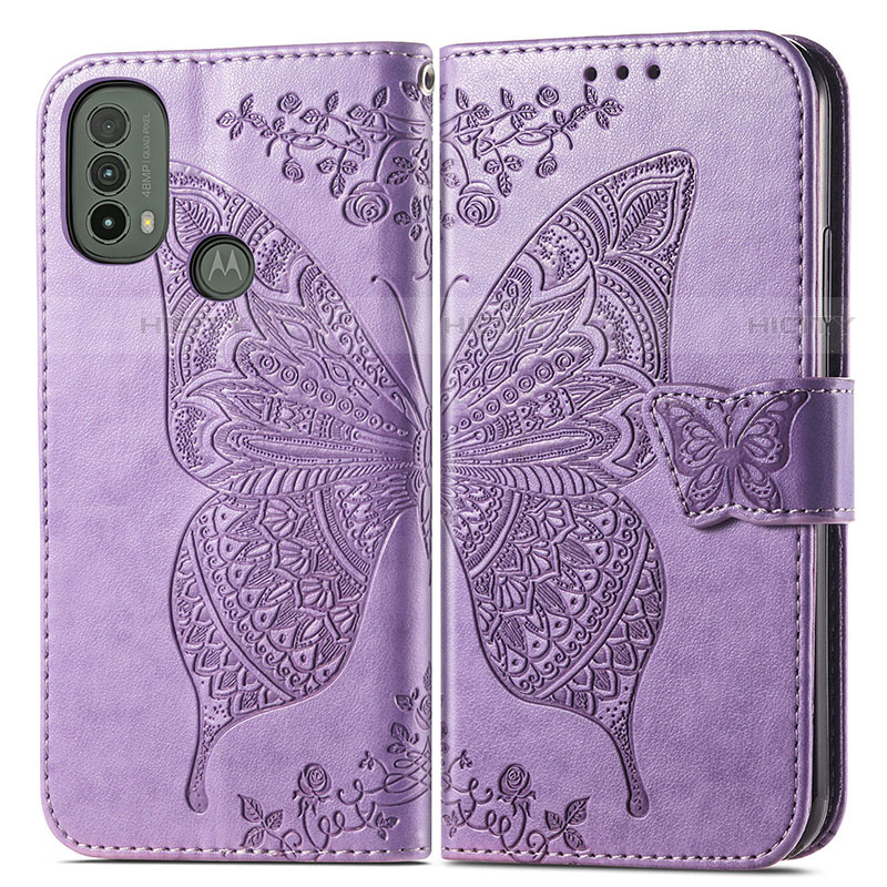 Funda de Cuero Cartera con Soporte Mariposa Carcasa para Motorola Moto E20 Purpura Claro