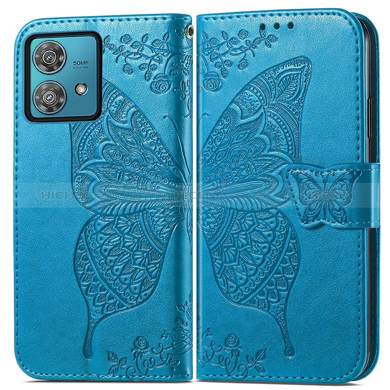 Funda de Cuero Cartera con Soporte Mariposa Carcasa para Motorola Moto Edge 40 Neo 5G Azul