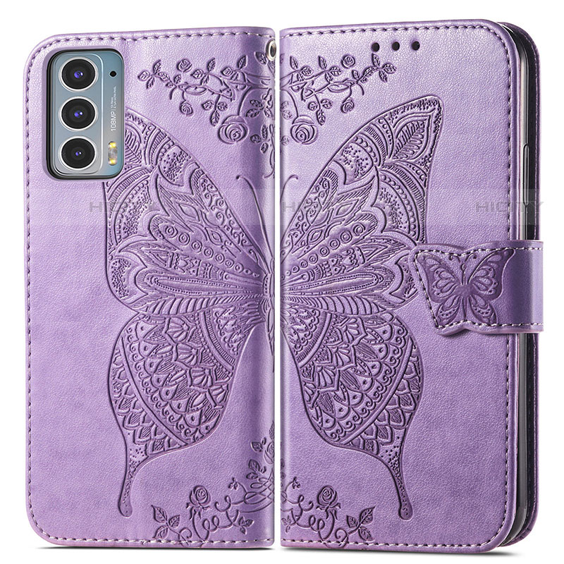 Funda de Cuero Cartera con Soporte Mariposa Carcasa para Motorola Moto Edge Lite 5G Purpura Claro