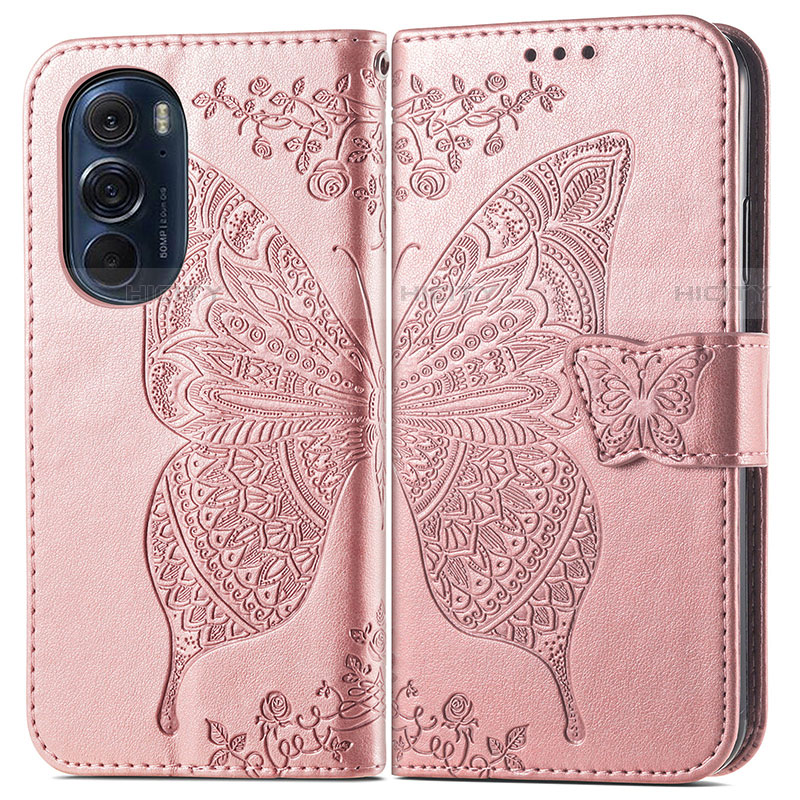 Funda de Cuero Cartera con Soporte Mariposa Carcasa para Motorola Moto Edge Plus (2022) 5G Rosa