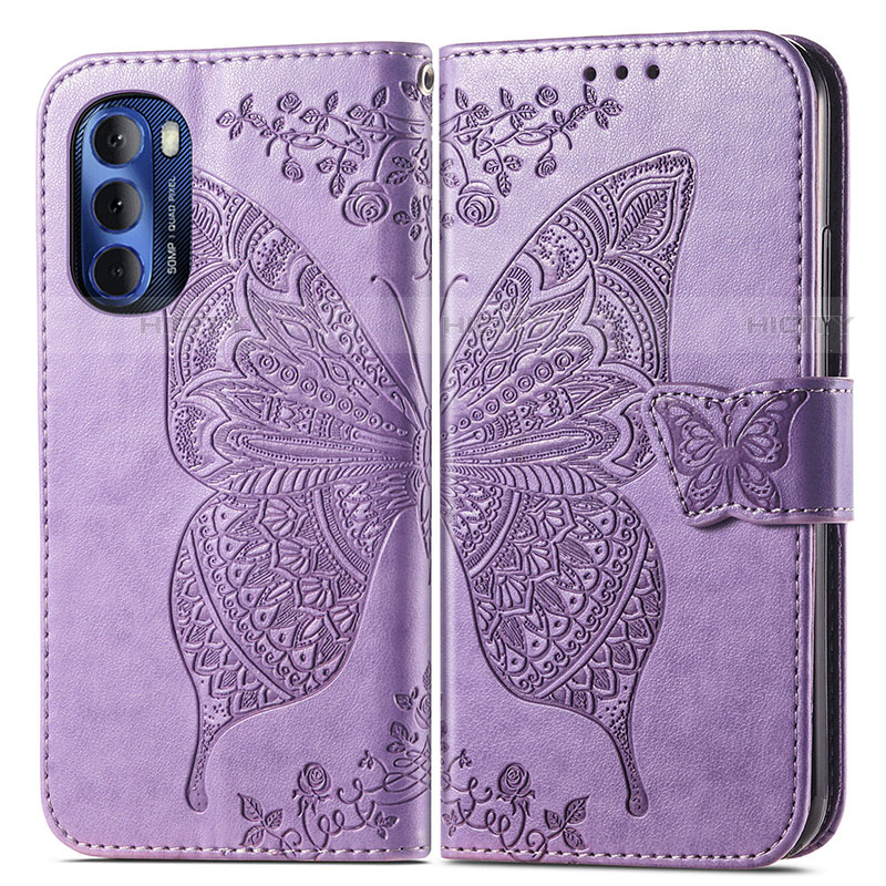 Funda de Cuero Cartera con Soporte Mariposa Carcasa para Motorola Moto G Stylus (2022) 4G Purpura Claro