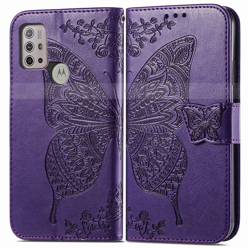 Funda de Cuero Cartera con Soporte Mariposa Carcasa para Motorola Moto G10 Power Morado