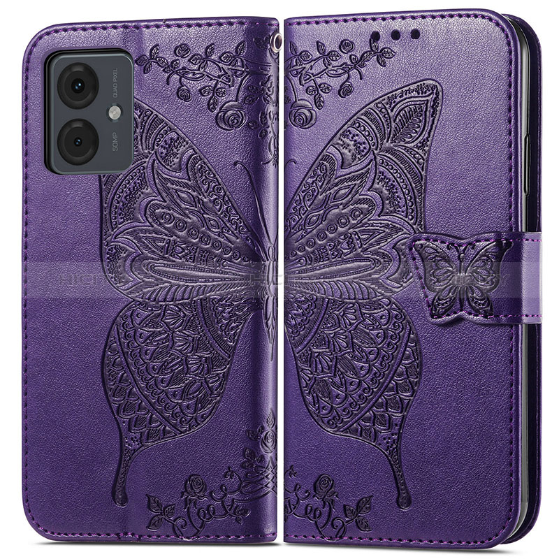 Funda de Cuero Cartera con Soporte Mariposa Carcasa para Motorola Moto G14 Morado