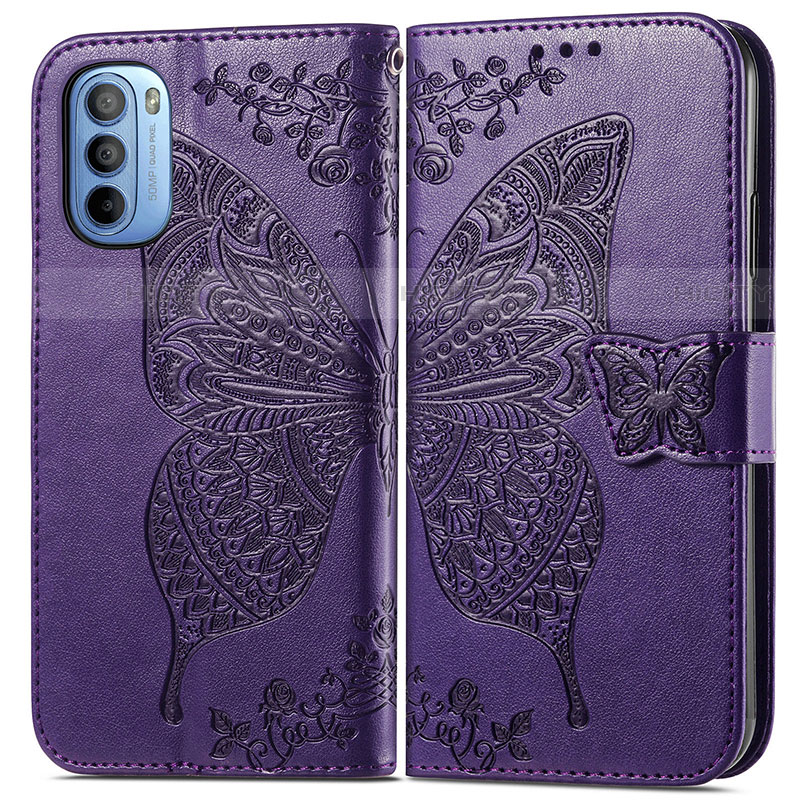 Funda de Cuero Cartera con Soporte Mariposa Carcasa para Motorola Moto G31 Morado