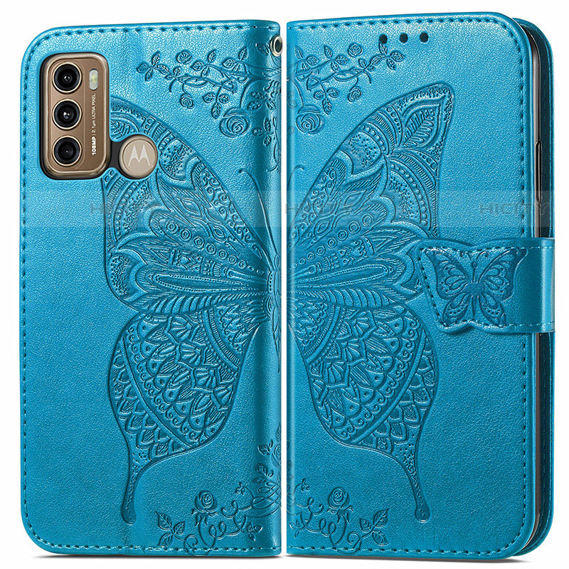 Funda de Cuero Cartera con Soporte Mariposa Carcasa para Motorola Moto G40 Fusion Azul