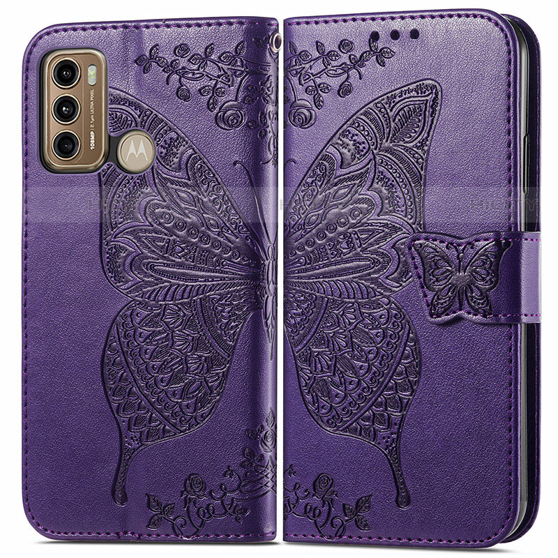 Funda de Cuero Cartera con Soporte Mariposa Carcasa para Motorola Moto G40 Fusion Morado