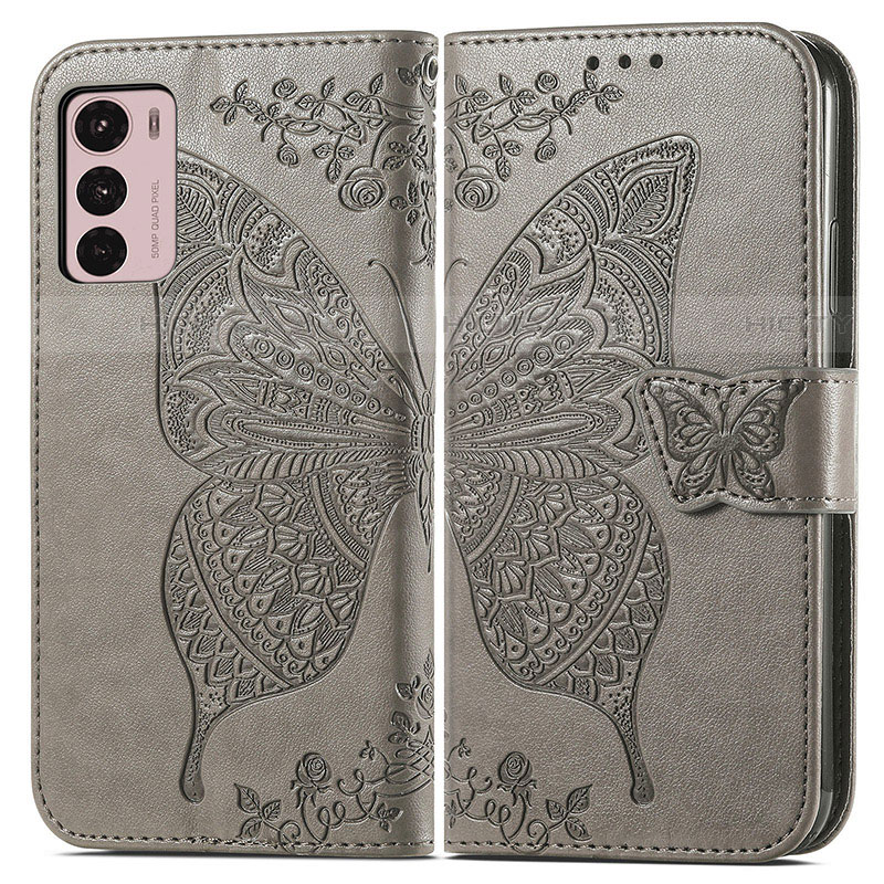 Funda de Cuero Cartera con Soporte Mariposa Carcasa para Motorola Moto G42 Gris