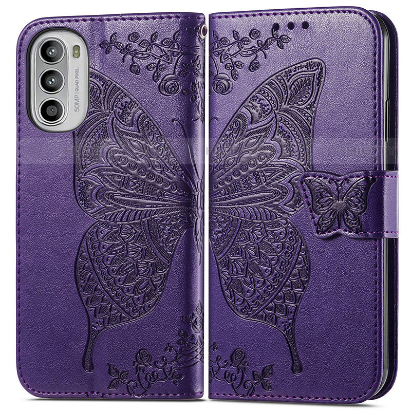 Funda de Cuero Cartera con Soporte Mariposa Carcasa para Motorola Moto G52j 5G Morado