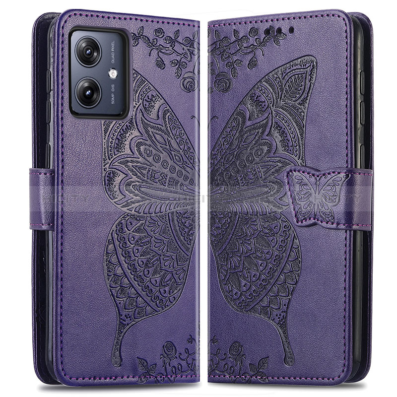 Funda de Cuero Cartera con Soporte Mariposa Carcasa para Motorola Moto G54 5G Morado