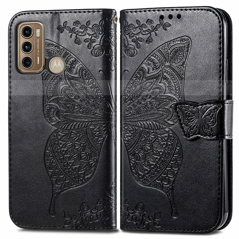 Funda de Cuero Cartera con Soporte Mariposa Carcasa para Motorola Moto G60 Negro