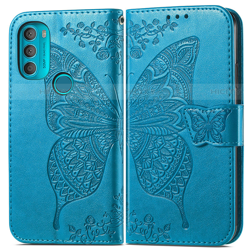 Funda de Cuero Cartera con Soporte Mariposa Carcasa para Motorola Moto G71 5G Azul