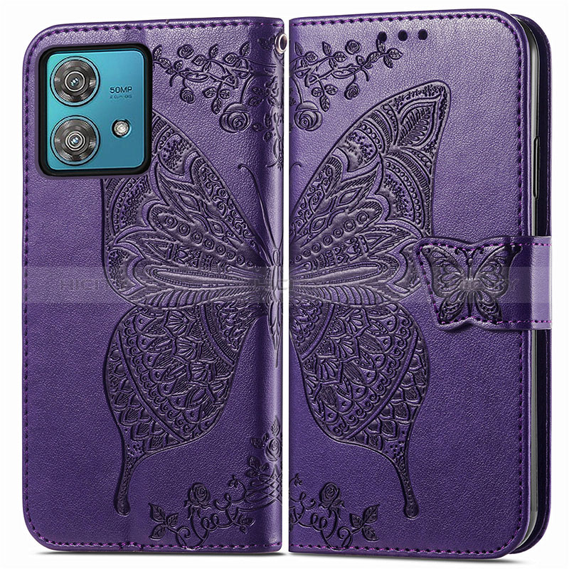 Funda de Cuero Cartera con Soporte Mariposa Carcasa para Motorola Moto G84 5G Morado