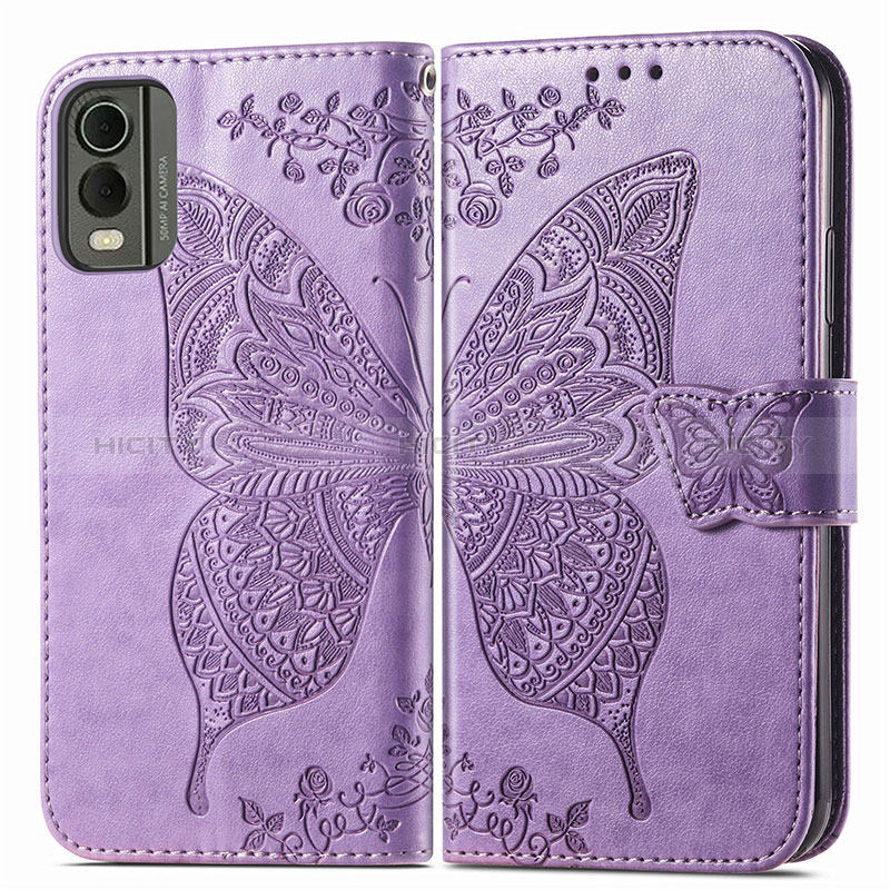 Funda de Cuero Cartera con Soporte Mariposa Carcasa para Nokia C210 Purpura Claro