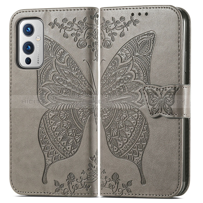 Funda de Cuero Cartera con Soporte Mariposa Carcasa para OnePlus 9 5G Gris