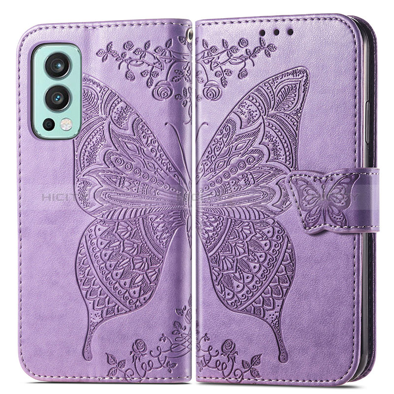 Funda de Cuero Cartera con Soporte Mariposa Carcasa para OnePlus Nord 2 5G Purpura Claro