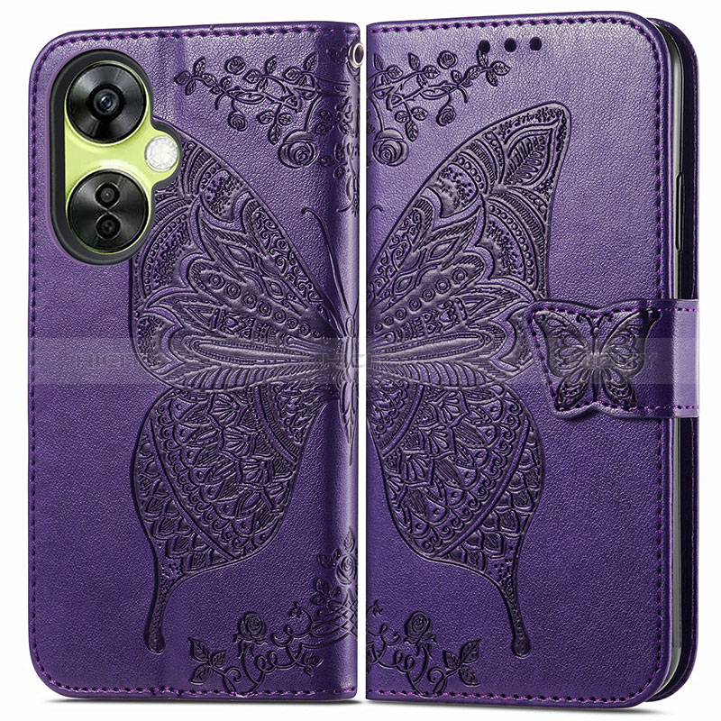 Funda de Cuero Cartera con Soporte Mariposa Carcasa para OnePlus Nord CE 3 Lite 5G Morado