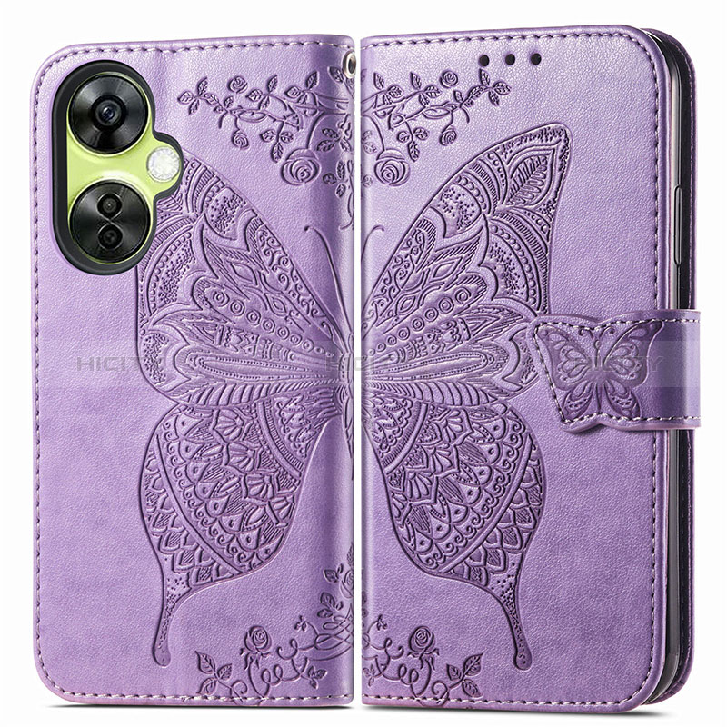 Funda de Cuero Cartera con Soporte Mariposa Carcasa para OnePlus Nord CE 3 Lite 5G Purpura Claro