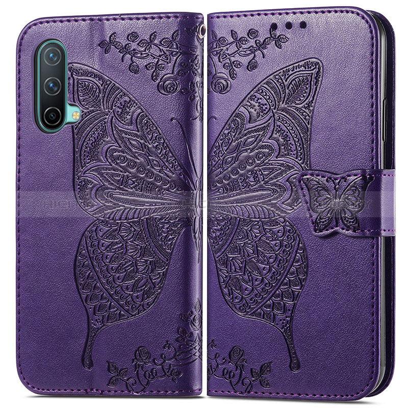 Funda de Cuero Cartera con Soporte Mariposa Carcasa para OnePlus Nord CE 5G Morado