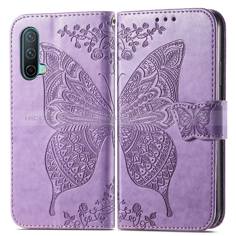 Funda de Cuero Cartera con Soporte Mariposa Carcasa para OnePlus Nord CE 5G Purpura Claro