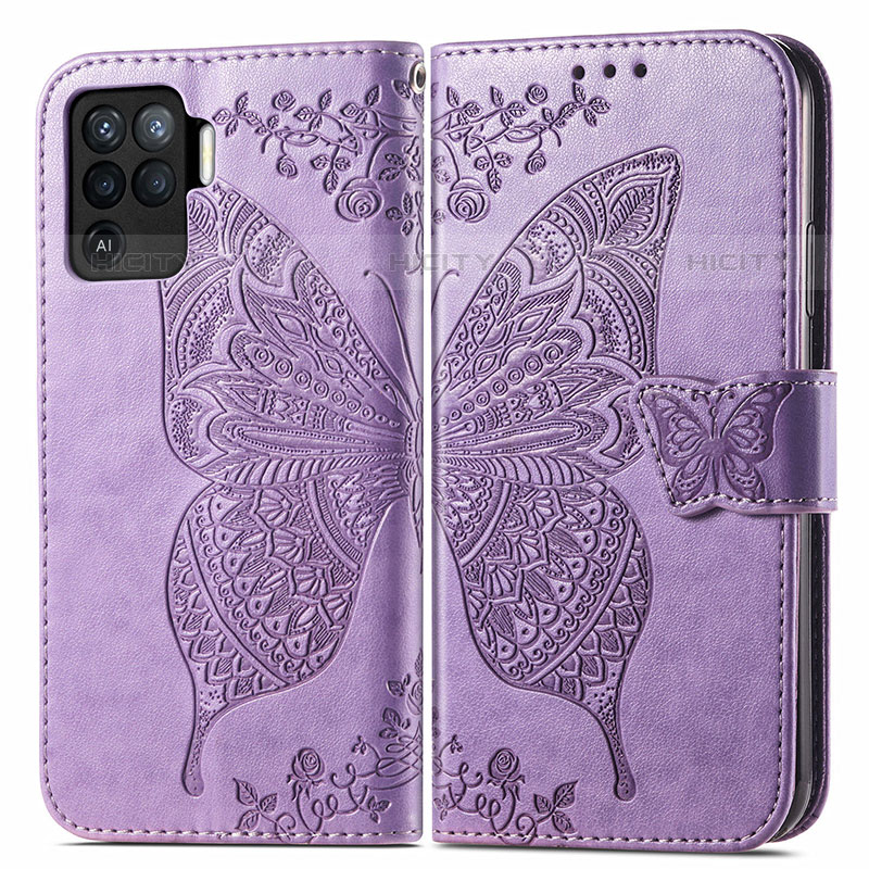 Funda de Cuero Cartera con Soporte Mariposa Carcasa para Oppo A94 4G Purpura Claro