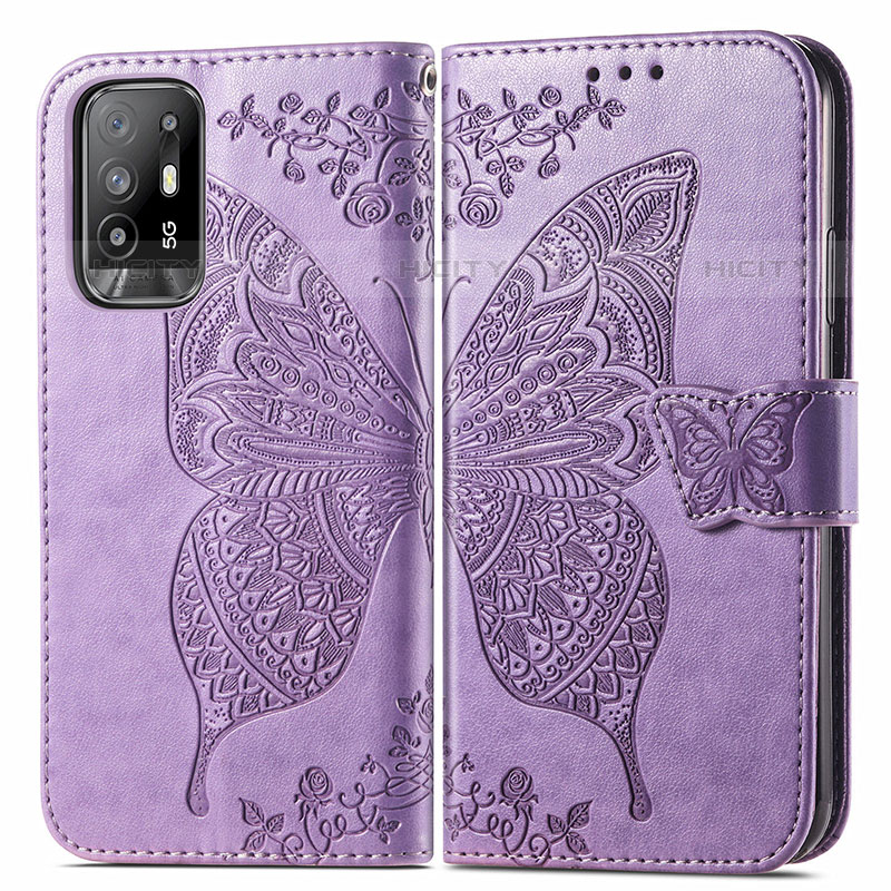 Funda de Cuero Cartera con Soporte Mariposa Carcasa para Oppo A95 5G Purpura Claro