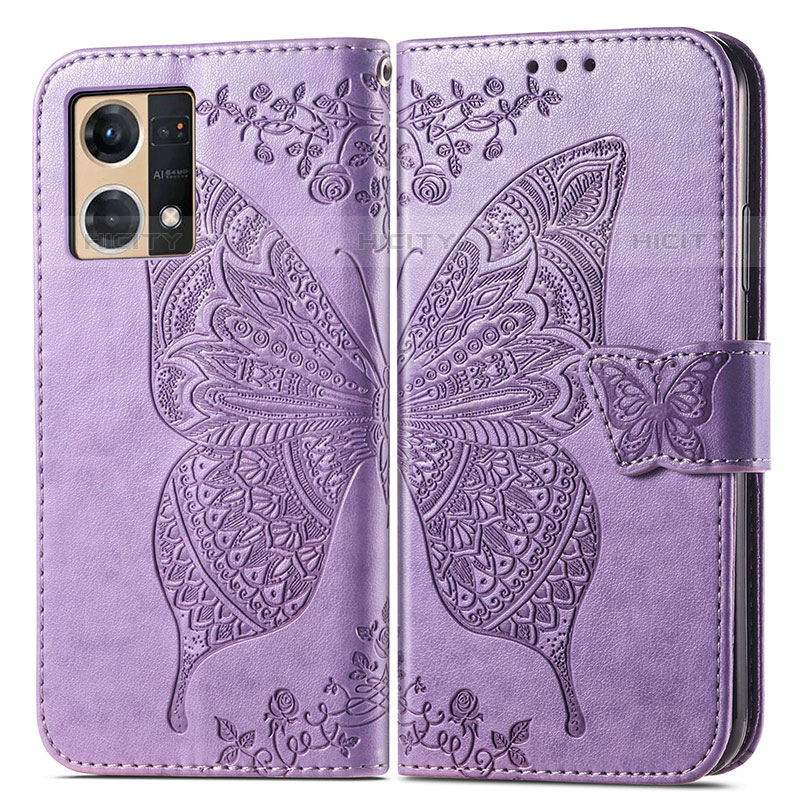 Funda de Cuero Cartera con Soporte Mariposa Carcasa para Oppo F21 Pro 4G Purpura Claro