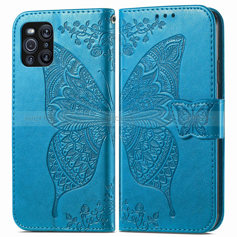 Funda de Cuero Cartera con Soporte Mariposa Carcasa para Oppo Find X3 5G Azul