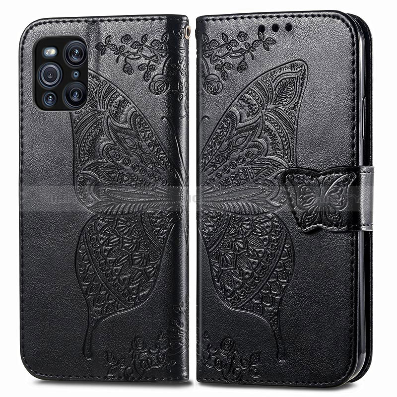 Funda de Cuero Cartera con Soporte Mariposa Carcasa para Oppo Find X3 5G Negro