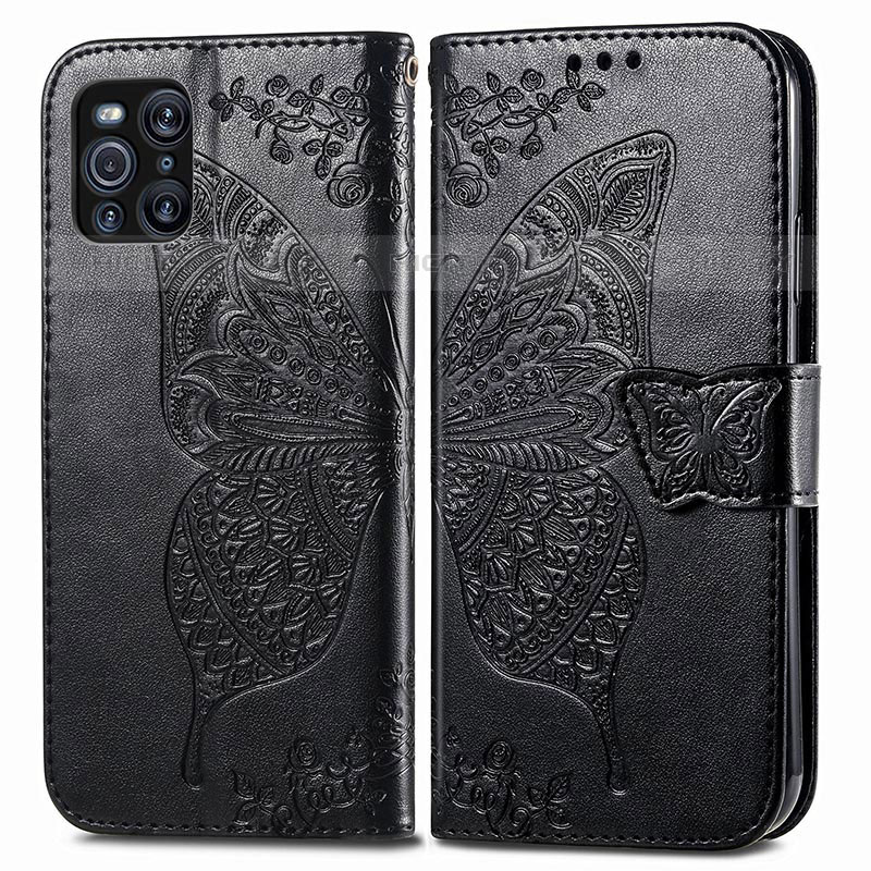 Funda de Cuero Cartera con Soporte Mariposa Carcasa para Oppo Find X3 Pro 5G Negro