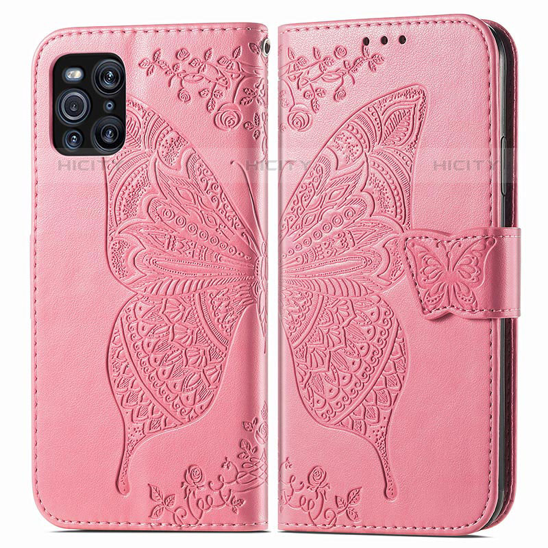 Funda de Cuero Cartera con Soporte Mariposa Carcasa para Oppo Find X3 Pro 5G Rosa Roja