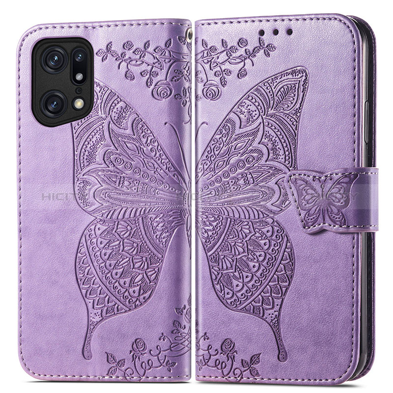 Funda de Cuero Cartera con Soporte Mariposa Carcasa para Oppo Find X5 5G Purpura Claro