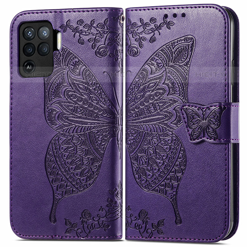 Funda de Cuero Cartera con Soporte Mariposa Carcasa para Oppo Reno5 Lite Morado