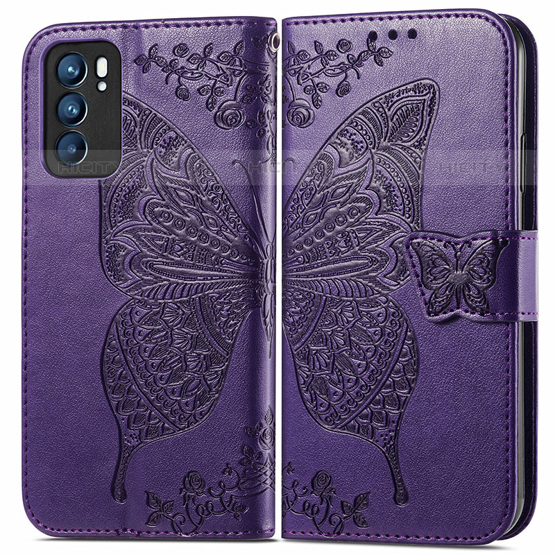 Funda de Cuero Cartera con Soporte Mariposa Carcasa para Oppo Reno6 5G Morado